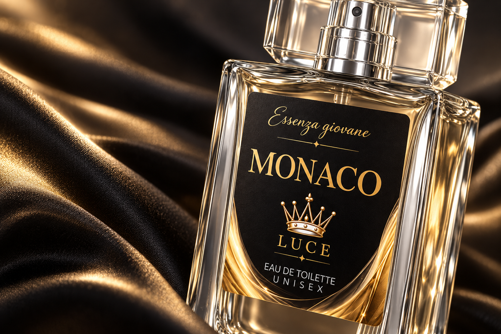 Dettaglio del flacone Monaco, etichetta nera, corona e finiture oro