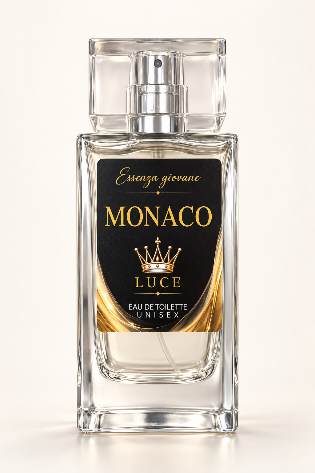 Monaco Eau de Toilette Unisex, flacone Essenza Giovane con etichetta nera e dettagli oro