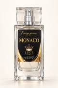 Monaco Eau de Toilette Unisex, flacone Essenza Giovane con etichetta nera e dettagli oro