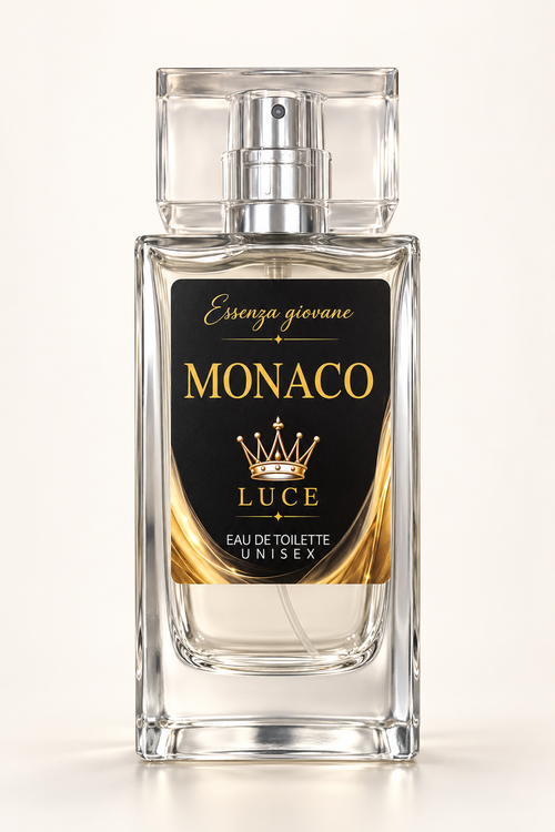 Monaco Eau de Toilette Unisex, flacone Essenza Giovane con etichetta nera e dettagli oro